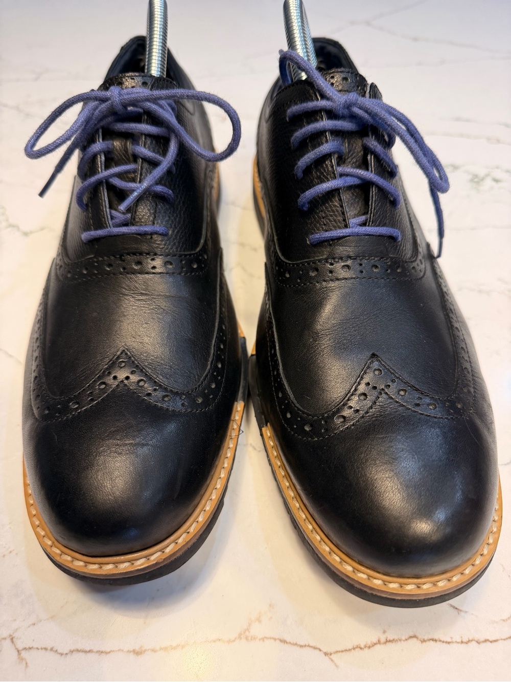 Cole Haan Black Leather Wingtip Oxfords with Tan Welt and Blue Laces